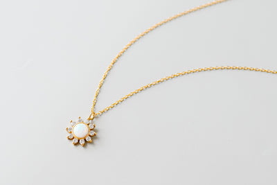Gold White Opal Cz Sun Necklace