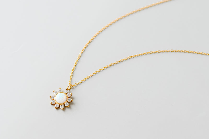 Gold White Opal Cz Sun Necklace