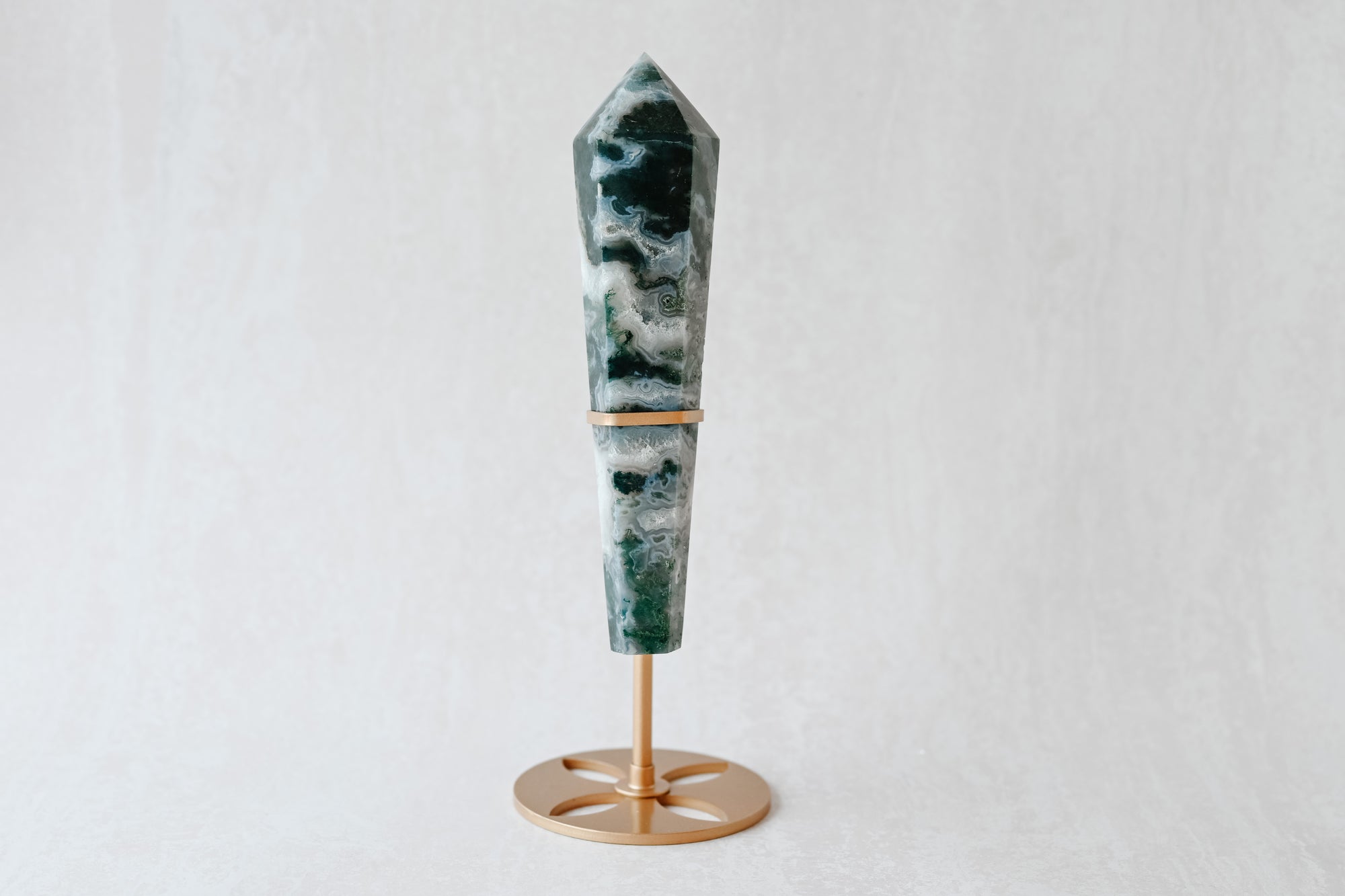 Moss Agate Collector's Wand on Stand