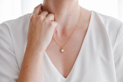 Gold White Opal Cz Sun Necklace