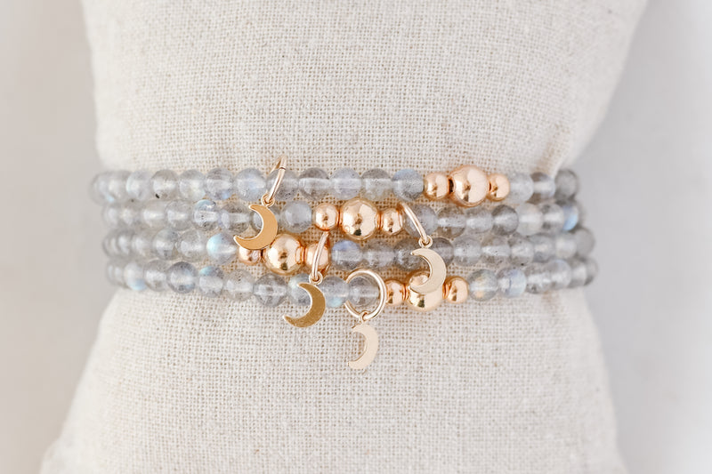 4mm Labradorite with Gold Moon Charm Luxe Bracelet