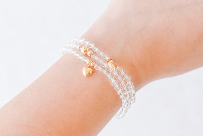 4mm Clear Quartz with Gold Puff Heart Charm Luxe Bracelet
