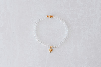 4mm Clear Quartz with Gold Puff Heart Charm Luxe Bracelet