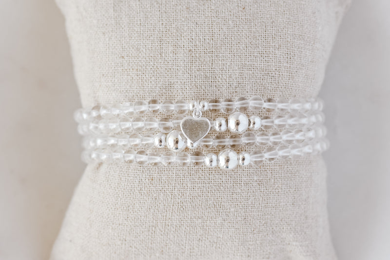 4mm Clear Quartz with Silver Heart Charm Luxe Bracelet