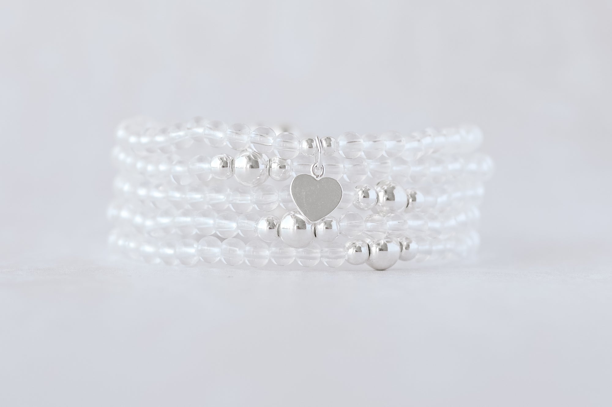 4mm Clear Quartz with Silver Heart Charm Luxe Bracelet