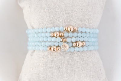 4mm Aquamarine with Gold Shell Charm Luxe Bracelet