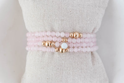 4mm Rose Quartz with Gold Opal Charm Luxe Bracelet