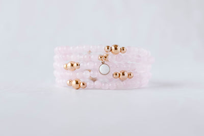 4mm Rose Quartz with Gold Opal Charm Luxe Bracelet
