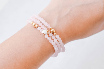 4mm Rose Quartz with Gold Opal Charm Luxe Bracelet