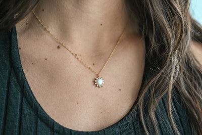 Gold White Opal Cz Sun Necklace