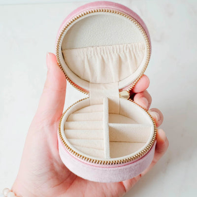 Rose Quartz Round Velvet Jewelry Case